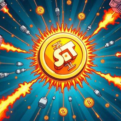 An illustration of a blockchain network with many connected blocks and nodes, some of which are bursting into flames or being hacked by cartoonish villains; in the center is an image of USDT tokens flying through space towards Aptos' logo, surrounded by dollar signs and tiny transaction fees symbols floating around it