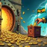An illustration of a central bank vault door with padlocks bursting open as cryptocurrency coins spill out into chaos below while in the background an old-fashioned postal box is seen being opened by a king's hand releasing modern digital currency symbols, amidst swirling clouds and lightning bolts striking down on both scenes. A Ghanaian flag waves above it all. The scene at the bottom depicts two contrasting worlds: one of traditional finance with coins spilling out from vaults in disarray;