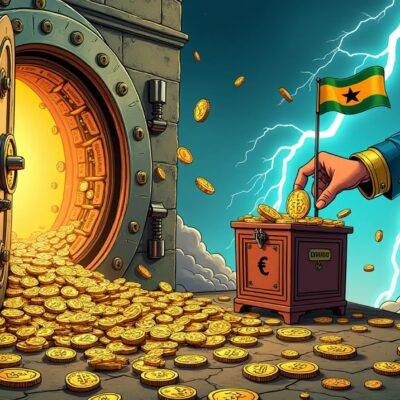 An illustration of a central bank vault door with padlocks bursting open as cryptocurrency coins spill out into chaos below while in the background an old-fashioned postal box is seen being opened by a king's hand releasing modern digital currency symbols, amidst swirling clouds and lightning bolts striking down on both scenes. A Ghanaian flag waves above it all. The scene at the bottom depicts two contrasting worlds: one of traditional finance with coins spilling out from vaults in disarray;