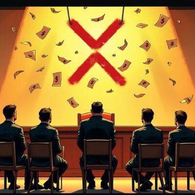 An illustration featuring an empty courtroom with three chairs at the front for defendants and one chair on either side. The defendant's seats are filled but their backs turned towards the judge while a single figure sits alone in each of the plaintiff's seats looking back at them. A large XRP symbol hangs from the ceiling above the judges bench, surrounded by fluttering papers with dollar signs printed on them. In the background, people can be seen walking away through doors and windows as if leaving an empty building.