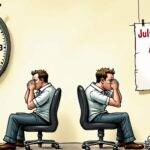 An illustration of a clock with its hands stuck at 11:59 PM on July 31st next to an image of a calendar page torn off from August 1st showing only one date "Aug 29" in bold red letters while the rest is blank, and below them two programmers sitting back-to-back looking frustrated. The programmer facing away has their hands covering his face with both palms as if hiding something behind him. In front of this character there's a trash can overflowing with code papers labeled 'bugs' and broken machinery parts scattered around it.