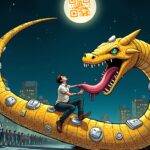 An illustration of a person being swallowed by an enormous snake with its body made up of various cryptocurrency logos and fake charity donation boxes attached to it; in the background is a cityscape at night with people walking away unaware as they look down at their phones. The scene is illuminated only by flashing warning lights on buildings, while above everything else there's a giant QR code hovering over the snake's head that seems to be pulling everyone towards it.