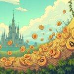 An illustration of a downward curve with decreasing tokens falling off it and disappearing into thin air. A few remaining tokens are stuck in place on top, while others float away as crvUSD coins rise up from below to catch them. The background is filled with small locked veCRV symbols that seem to be holding the platform together.  In the distance a DAO building stands tall amidst greenery and vines indicating growth and sustainability. A faint image of Michael Egorov can be seen walking away in the far left corner, looking back at the scene with a smile on his face.