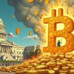 An illustration: A cartoon U.S. Capitol building in the background is engulfed by a massive Bitcoin logo made out of gold coins and dollar bills; at its center stands Cynthia Lummis holding a tiny American flag while standing on top of 1 million Bitcoins, with her eyes closed as if waiting for something to happen. The scene below depicts chaos: people running away from falling dollars and coins, others trying to grab onto the Bitcoin logo before it's too late. In the foreground, gold bars are melting into liquid like wax in a furnace while dollar bills burn in flames;