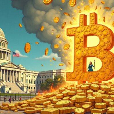 An illustration: A cartoon U.S. Capitol building in the background is engulfed by a massive Bitcoin logo made out of gold coins and dollar bills; at its center stands Cynthia Lummis holding a tiny American flag while standing on top of 1 million Bitcoins, with her eyes closed as if waiting for something to happen. The scene below depicts chaos: people running away from falling dollars and coins, others trying to grab onto the Bitcoin logo before it's too late. In the foreground, gold bars are melting into liquid like wax in a furnace while dollar bills burn in flames;