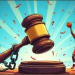 An illustration of a judge's gavel with an NFT attached at its top end. The gavel is breaking through chains that resemble legal red tape while in the background there are falling confetti and balloons, all set against a bright blue sky filled with sunbeams. A basketball player from NBA Top Shot Moments can be seen celebrating on one side of the scene as Dapper Labs' logo appears at the top left corner. The entire image is surrounded by an ornate border that resembles gold leafing.