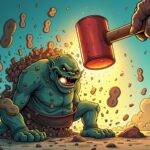 An illustration: A cartoonish image depicting a giant hammer smashing down on an evil-looking troll with multiple patents attached to its back; one patent is being torn off and thrown away, while another falls from above like confetti; MakerDAO and Compound Protocol logos are shown as shields protecting the scene. In the background, there's a faint outline of OpenSea marketplace where NFTs are displayed in various shapes and sizes. The atmosphere around the troll has an eerie glow with dark clouds suggesting chaos is being dispelled by the hammer blow.