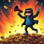 An illustration of a hacker wearing sunglasses and holding a megaphone while standing on top of a pile of cryptocurrency coins with dollar signs flying out into space. In the background is an explosion representing chaos caused by DeFi hacks. The hacker's arms are raised in triumph, but their feet are slipping off the edge of the coin stack as if they're losing control and falling towards the ground below. A large percentage sign (57%) appears above them with a downward arrow pointing to the coins below.