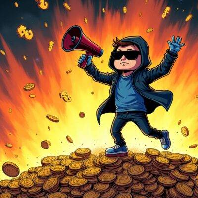 An illustration of a hacker wearing sunglasses and holding a megaphone while standing on top of a pile of cryptocurrency coins with dollar signs flying out into space. In the background is an explosion representing chaos caused by DeFi hacks. The hacker's arms are raised in triumph, but their feet are slipping off the edge of the coin stack as if they're losing control and falling towards the ground below. A large percentage sign (57%) appears above them with a downward arrow pointing to the coins below.