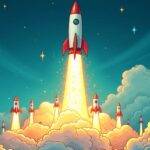 An illustration featuring a rocket blasting off into space amidst rising flames, surrounded by swirling clouds of cryptocurrency symbols (e.g., Bitcoin, Ethereum) as they merge and blend together. The background is a vibrant blue with subtle hints of green to convey growth and prosperity. In the foreground, smaller rockets are seen ascending in unison, symbolizing increasing adoption and competition within the DeFi derivatives market. A few scattered stars can be observed above, representing new innovations emerging from this space.