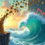 An illustration of an anxious-looking investor frantically buying ethereum coins as they pour into his wallet from above while he's standing at the edge of a cliff with a cityscape below him representing market volatility and uncertainty; behind him is a large digital screen displaying rapidly increasing prices. In contrast to this, in the background there are investors holding short positions who look worriedly watching their assets dwindle as they're being swept away by an incoming wave symbolizing the reversal of fortunes.