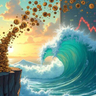 An illustration of an anxious-looking investor frantically buying ethereum coins as they pour into his wallet from above while he's standing at the edge of a cliff with a cityscape below him representing market volatility and uncertainty; behind him is a large digital screen displaying rapidly increasing prices. In contrast to this, in the background there are investors holding short positions who look worriedly watching their assets dwindle as they're being swept away by an incoming wave symbolizing the reversal of fortunes.