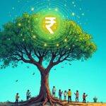 An illustration of an Indian Rupee symbol surrounded by 5 million tiny stars on one side and 420000 small leaves on the other, set against a bright blue background. A large tree grows out from the center with its roots deep into the ground representing stability while branches stretch towards the sky signifying growth. The digital rupee is shown as a glowing orb at the top of the tree shining down upon it. In the foreground tiny people are seen using mobile devices to make transactions, symbolizing ease and accessibility.