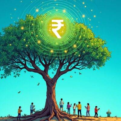An illustration of an Indian Rupee symbol surrounded by 5 million tiny stars on one side and 420000 small leaves on the other, set against a bright blue background. A large tree grows out from the center with its roots deep into the ground representing stability while branches stretch towards the sky signifying growth. The digital rupee is shown as a glowing orb at the top of the tree shining down upon it. In the foreground tiny people are seen using mobile devices to make transactions, symbolizing ease and accessibility.