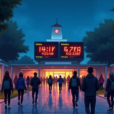 An illustration of a university campus scene at night: students walking towards the cafeteria; some are holding cups or bags from copy shops while others look up at digital screens displaying cryptocurrency exchange rates. A large screen in front displays Ckbtc and Bitcoin prices side by side, showing an upward trend. In the background, two figures representing Ditobanx and ICP Hub Mexico stand together with outstretched arms as if welcoming students to use cryptocurrencies for payments. The campus is illuminated by a warm glow of digital screens and neon lights reflecting off wet pavement.
