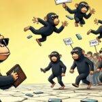 An illustration: A cartoon ape wearing sunglasses is shown holding an empty wallet. In the background, three shadowy figures can be seen running away from a group of angry people who are all looking at their phones with disappointed expressions. The ground beneath the feet of the fleeing figures has cracks and broken pieces of digital screens scattered about it. Above them, several cartoon apes float in mid-air, some holding signs that say "Fake" or have X's marked through them.