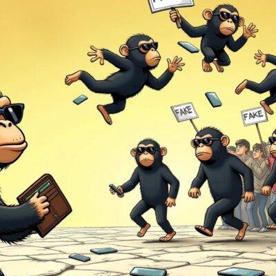 An illustration: A cartoon ape wearing sunglasses is shown holding an empty wallet. In the background, three shadowy figures can be seen running away from a group of angry people who are all looking at their phones with disappointed expressions. The ground beneath the feet of the fleeing figures has cracks and broken pieces of digital screens scattered about it. Above them, several cartoon apes float in mid-air, some holding signs that say "Fake" or have X's marked through them.
