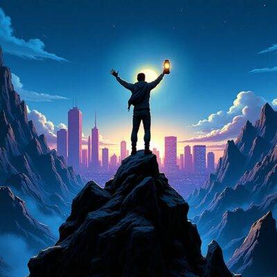 An illustration of a person standing on top of a mountain range with their arms outstretched towards the sky as they hold up a lantern. In the background is an image of a cityscape at night with skyscrapers and buildings lit up in shades of blue and purple, while below them are dark shadows representing corruption and crime. The mountainside behind the person has cracks and fissures that seem to be spreading apart revealing more light from within as if something new is emerging.