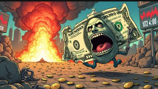 An illustration of the dollar bill with its face torn off and fleeing in fear from an explosion marked by red flames and smoke rising above it; a broken chain is seen at the bottom, releasing coins that are scattering away like confetti; nearby, various economic indicators such as inflation rates, interest yields, and stock market indices are shown on screens displaying downward trends. In the background, Tokyo's skyline can be seen with buildings marked by red lights indicating alarm or warning signals. The overall atmosphere is one of chaos and panic.