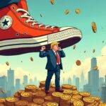 An illustration: A cartoon Donald Trump standing on top of an enormous digital art gallery with thousands of NFTs floating around him in mid-air, each one displaying his face or name; he is surrounded by Ethereum and Bitcoin coins that are also flying through the air; a giant orange high-top shoe looms above him.  In the background, there's a cityscape made up of skyscrapers shaped like digital art galleries with NFTs hanging from their rooftops. The sky is filled with floating MAGA memecoins sporting the ticker “TRUMP.