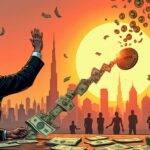 An illustration: A judge sits at a desk with papers scattered around them; they hold up their hand to halt the flow of money pouring from one side of the room (labelled 'Employer') towards another (labelled 'Employee'); in the background, coins and banknotes are replaced by cryptocurrency symbols floating upwards. The scene is set against a cityscape at sunset with skyscrapers representing Dubai's skyline; people walk through streets below as they go about their daily business while looking up to see what’s happening above them.