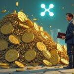 An illustration of a person holding an empty wallet while standing next to a large pile of worthless cryptocurrency coins with a Dubai cityscape fading into the background. The person is surrounded by broken chains representing failed investments. A faint image of Ripple's logo can be seen on one of the building windows, but it appears worn and faded like everything else in the scene. In the foreground, there are scattered XRP tokens that seem to have been blown away from a pile, with some stuck between cracks or caught in broken glass shards.