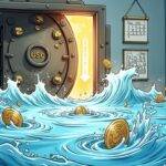 An illustration of a floodgate bursting open with water pouring out as tokens are being listed on different platforms below it; some tokens appear to be sinking while others rise above, amidst chaotic waves representing regulatory changes. A large vault door opens at the top revealing USDC coins flowing in and MegaVault symbols floating upwards towards the surface. In the background a calendar shows months ticking by with an arrow pointing forward indicating future development of new features.