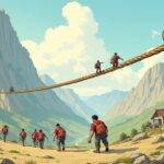 An illustration of a giant hand holding onto a rope tied around an enormous mountain range. In front of it lies a valley filled with tiny people and buildings that are being swept away by strong winds as they desperately cling to their belongings, while in the background another smaller group is seen walking towards the mountains carrying small bags and looking determined. The illustration depicts two contrasting scenes: one of chaos and destruction on the lower ground level and another of resilience and determination at a higher elevation.
