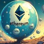 An illustration of a large bubble with $12.9 billion written inside it floating above an Ethereum logo and several smaller bubbles below containing numbers (11% increase) and percentages (70%) surrounded by various cryptocurrency tokens including Wrapped Ether (WETH), Symbiotic, Karak, and other restaking protocols in the background. The illustration conveys a sense of growth and dominance with EigenLayer at its center. A faint image of an explosion or bursting can be seen on the horizon to hint at potential risks associated with the bubble.   -end-  (no response)