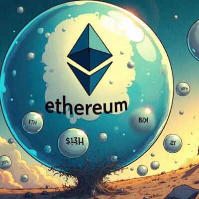 An illustration of a large bubble with $12.9 billion written inside it floating above an Ethereum logo and several smaller bubbles below containing numbers (11% increase) and percentages (70%) surrounded by various cryptocurrency tokens including Wrapped Ether (WETH), Symbiotic, Karak, and other restaking protocols in the background. The illustration conveys a sense of growth and dominance with EigenLayer at its center. A faint image of an explosion or bursting can be seen on the horizon to hint at potential risks associated with the bubble.   -end-  (no response)