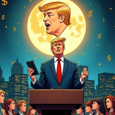 An illustration of Eric Trump standing confidently at a podium with a cityscape behind him, while holding a tablet displaying a cryptic map of what appears to be virtual real estate lots; Donald Trump Jr.'s face is superimposed on the moon above, surrounded by scattered dollar signs and stars; in the foreground, several people are shown eagerly waiting for something to happen, their faces filled with anticipation