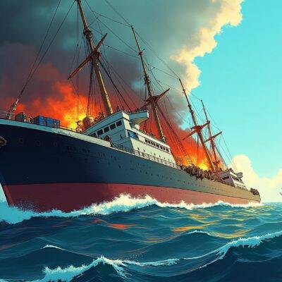 An illustration of a sinking ship at sea on fire and losing cargo boxes into the water below while nearby ships are sailing away from it; one is seen with an arrow pointing upwards indicating rising investment flows. The background has dark stormy clouds, contrasting with bright sunlight shining through in the distance where calm waters meet clear blue skies. A faint outline of a lighthouse can be made out on the horizon. In the foreground, flames engulf parts of the ship's deck and smoke billows into the air as it continues to list heavily to one side.