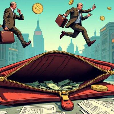 An illustration depicting an empty wallet with its zipper open revealing nothing inside but two algorithms floating above it holding briefcases filled with money while ether tokens float around them; one algorithm is shown looking at a computer screen displaying the market capitalization and exchange rates. The scene takes place in front of a cityscape background representing financial markets, with buildings labeled as exchanges and trading platforms. In the foreground, there are scattered papers on the ground showing various cryptocurrency prices and charts.