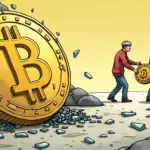 A comic-style illustration of a falling coin with an arrow pointing downwards through it, surrounded by broken chains and shattered glass pieces on the ground below. In the background, two figures are shown walking away from each other, one holding onto Bitcoin (represented as a shield) while the other is empty-handed.