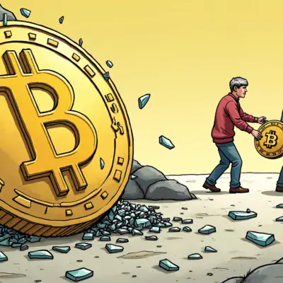 A comic-style illustration of a falling coin with an arrow pointing downwards through it, surrounded by broken chains and shattered glass pieces on the ground below. In the background, two figures are shown walking away from each other, one holding onto Bitcoin (represented as a shield) while the other is empty-handed.
