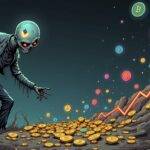 An illustration of a zombie emerging from a grave with an Ethereum logo in place of their head and coins spilling out behind them as they stumble towards a rising graph showing increasing market value. The background is dark grey to represent the recovery after a downturn. A faint image of Bitcoin can be seen buried beneath the ground, representing its decline compared to ETH's growth. In the distance, multi-colored altcoins are shown floating in mid-air, symbolizing their performance and diversification within crypto markets.