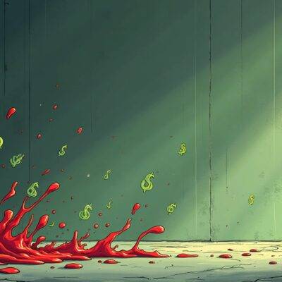 An illustration of an arrow pointing upwards with blood splatters turning into green dollar signs as they hit the ground; below it is a graph showing rising activity on Ethereum layer-2 networks and DEXs while trading volumes decline elsewhere; in the background, Grayscale's ETHE trust fund logo slowly transforms from red to zero outflows. The overall color scheme shifts from dark grey to light green towards the end of the illustration. A faint image of a Bitcoin ETF is seen being drained at the bottom right corner with an arrow pointing away from it;