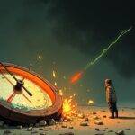 An illustration: A downward arrow pierces a broken barometer with shattered glass and debris scattered around. The background is dark grey while in front of the broken instrument there's an orange glow representing hope or recovery as two small green lines start rising above the mess indicating that things might be turning for better, amidst this chaos a tiny figure stands holding onto something resembling a rope which seems to be pulling them upwards towards the light at the end. The overall mood is one of turmoil with hints of optimism in sight.