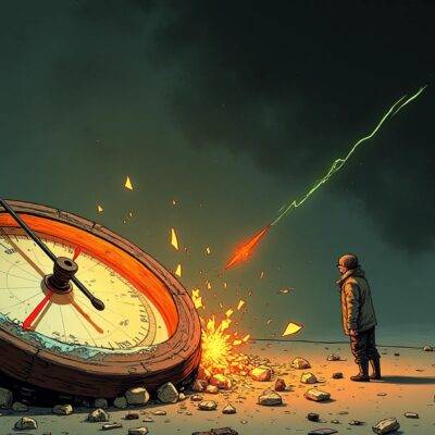 An illustration: A downward arrow pierces a broken barometer with shattered glass and debris scattered around. The background is dark grey while in front of the broken instrument there's an orange glow representing hope or recovery as two small green lines start rising above the mess indicating that things might be turning for better, amidst this chaos a tiny figure stands holding onto something resembling a rope which seems to be pulling them upwards towards the light at the end. The overall mood is one of turmoil with hints of optimism in sight.