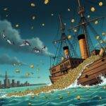 An illustration of a sinking ship with moneybags floating away from it in all directions, while investors stand at the bow looking worried; nearby, a giant whale is swimming upwards out of the water, leaving behind a trail of coins that are being swept up by smaller fish representing market makers and analysts. In the background, a cityscape fades into darkness as interest rates rise on TradingView charts hovering above the scene like ghostly apparitions
