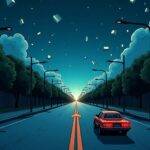 An illustration of an empty city street at night with only one car driving down it's center lane and a few people walking on either side of the road but all moving away from each other towards their respective directions. The sky is filled with clouds that resemble Ethereum blocks floating upwards, some are broken or fragmented while others appear complete. In front of the lone driver there's an arrow pointing downwards indicating decreasing gas prices as it moves further down into a tunnel where everything becomes dark and empty except for one small light in the distance.