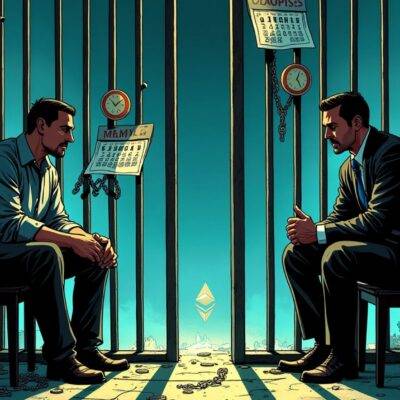 An illustration of two men sitting on opposite sides of prison bars. One man is looking at his watch with a worried expression while counting down days until release on an imaginary calendar. The other man has his head buried in hands as if begging for forgiveness, surrounded by broken chains and shattered glass representing the Ethereum blockchain hack that led to their imprisonment. A faint image of cryptocurrency coins can be seen scattered around them amidst shadows suggesting confinement and darkness.