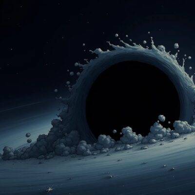 An illustration of an empty black hole with swirling clouds of grey gas at its center. A faint outline of the Earth can be seen in the distance, but it is small and insignificant compared to the vastness of space around it. The background is dark blue, representing the void of outer space. In the foreground, a few scattered stars twinkle like diamonds against the blackness. At the edge of the illustration, a faint line suggests the presence of other galaxies in the distance, but they are too far away to be seen clearly.