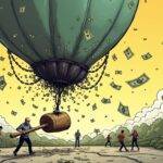 An illustration of a giant hammer smashing into an inflated balloon with dollar signs and broken chains attached to it; in the background, people running away from falling debris amidst chaos. The shattered remains of the balloon are floating upwards while its fragments fall down towards the ground below. A faint outline of a clock can be seen on one side of the illustration, ticking backwards as time runs out. In contrast, other areas depict scenes of growth and abundance with lush greenery sprouting from cracks in the pavement amidst scattered dollar bills.