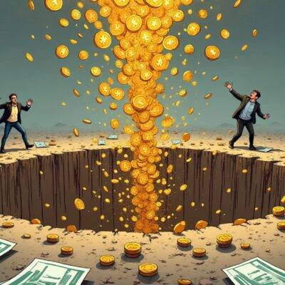 An illustration depicting an empty hole in the ground with money pouring into it from above and below while people are seen running away from the scene looking shocked and frightened. The background is a dark grey color to represent uncertainty and chaos, contrasting with the bright colors of the falling coins which symbolize loss and decline. In the foreground, various financial charts and graphs can be seen crumbling down as if they were once stable but have now collapsed due to the outflows from ETHE.