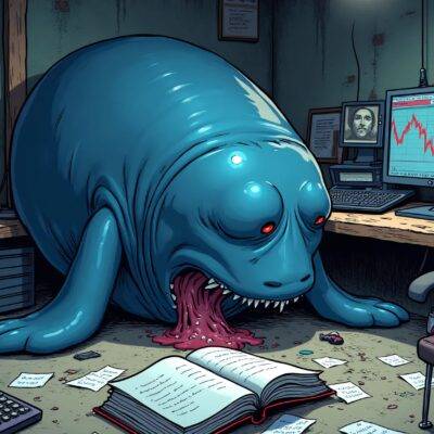 An illustration: A bearish whale in its mom's basement surrounded by computer screens displaying Ethereum charts with red lines indicating a downward trend; nearby is an open book titled 'Ethereum 101' on the floor next to a broken calculator and scattered papers showing various numbers including $2,300 and $3,050. The background shows a faint image of Gary Gensler's face in the news headlines about him being considered as Treasury Secretary candidate. In one corner is an empty chair with 'Leveraged Traders' written on it;