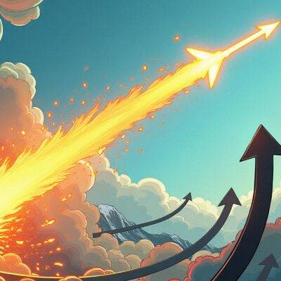 An illustration of an arrow shooting upwards with flames at the base while another arrow falls down into darkness below it; both arrows are surrounded by swirling clouds. The rising arrow is depicted with vibrant colors whereas the falling one has dull tones and broken lines indicating its descent. A faint outline of a mountain range can be seen in the background, symbolizing stability or resistance. In the foreground, there's an explosion of sparks radiating from the ascending arrow as it pierces through the clouds.