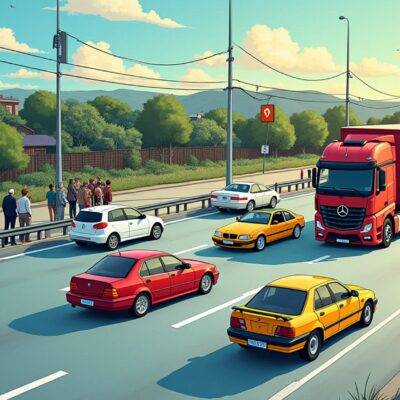 An illustration depicting an Ethereum blockchain as a highway system during rush hour with cars moving at different speeds; some are stuck in traffic while others speed by freely; the background shows varying gas prices displayed like road signs. In the foreground, two contrasting scenes: to the left, people waiting patiently for buses (representing retail users) and on the right, large trucks speeding past them unimpeded (symbolizing wholesale buyers).
