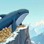 An illustration of an Ethereum whale sitting on top of a mountain range with snow-capped peaks and valleys filled with Ether coins in various denominations. The whale has a calm expression as it gazes out into the distance while holding onto 1 million ETH worth roughly $154 million at its current price, representing a life-changing windfall for the ICO investor who decided not to panic sell on that fateful Tuesday morning.