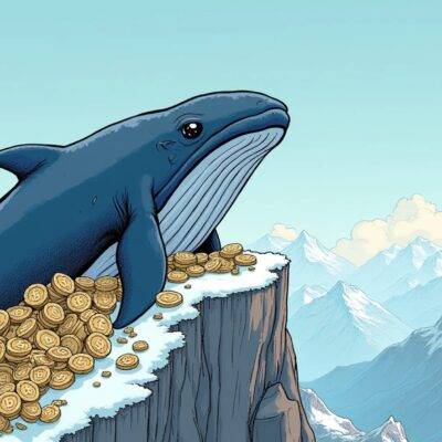 An illustration of an Ethereum whale sitting on top of a mountain range with snow-capped peaks and valleys filled with Ether coins in various denominations. The whale has a calm expression as it gazes out into the distance while holding onto 1 million ETH worth roughly $154 million at its current price, representing a life-changing windfall for the ICO investor who decided not to panic sell on that fateful Tuesday morning.